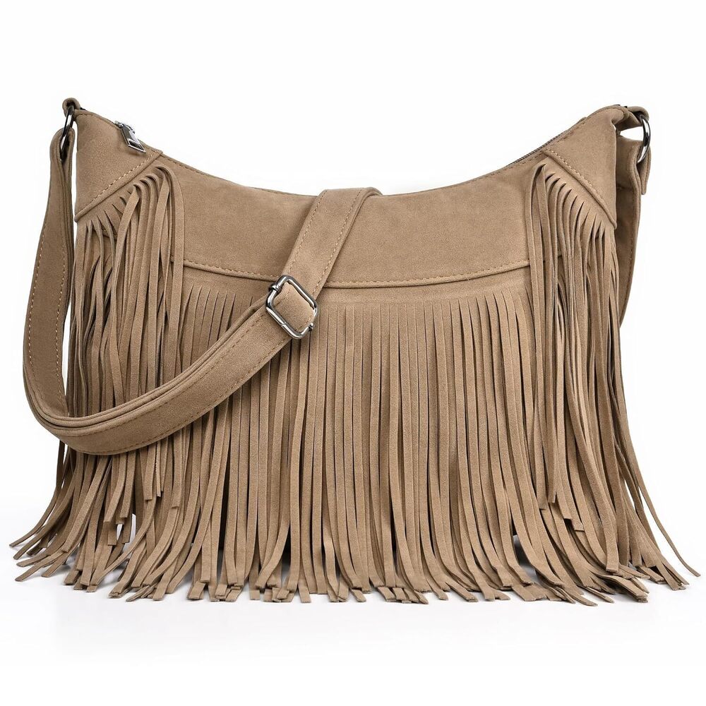 Crossbody Hobo Bag Women Apricot Suede Fringe Western